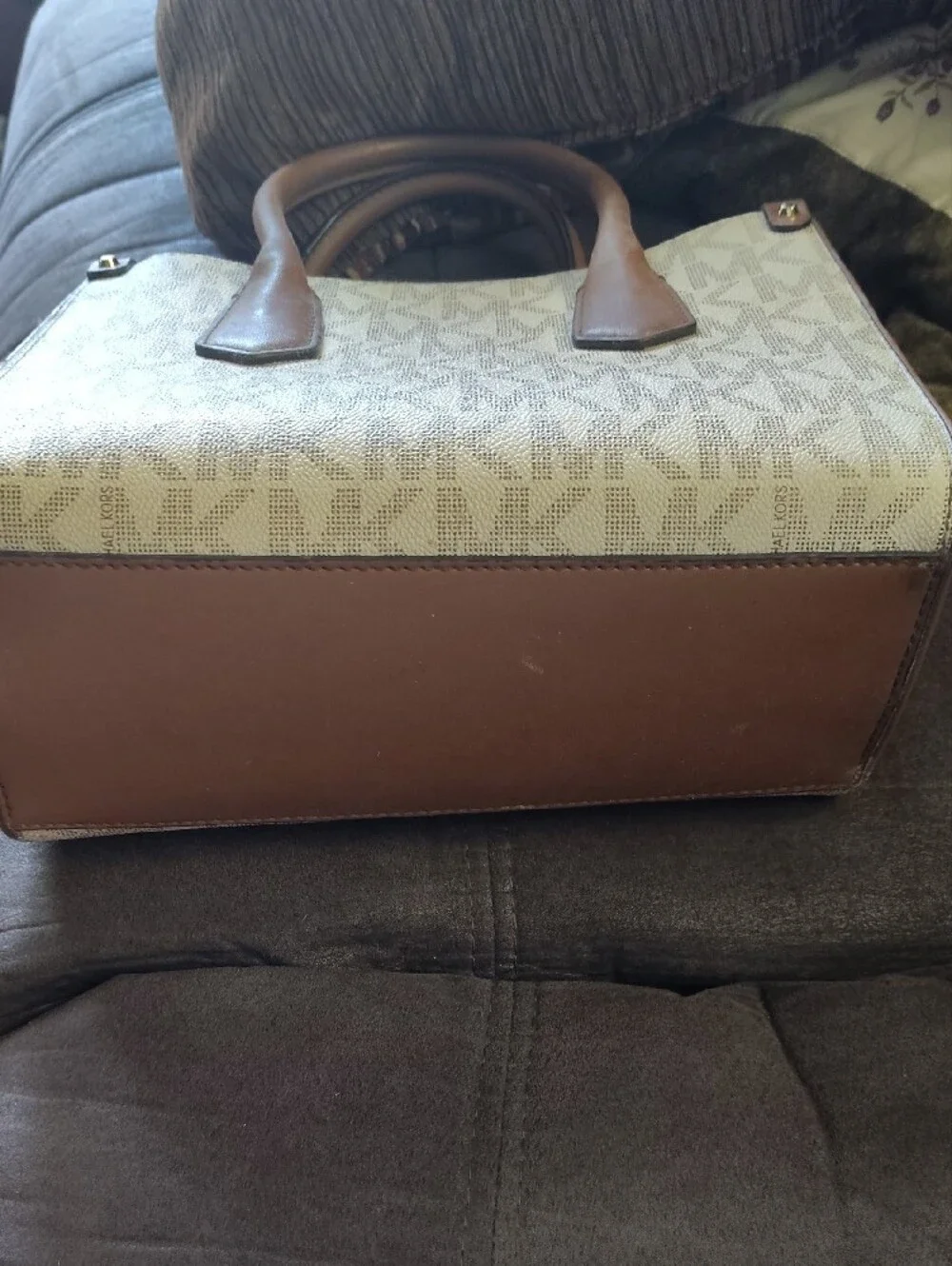 Michael Kors Beige and Brown Striped Logo Satchel
